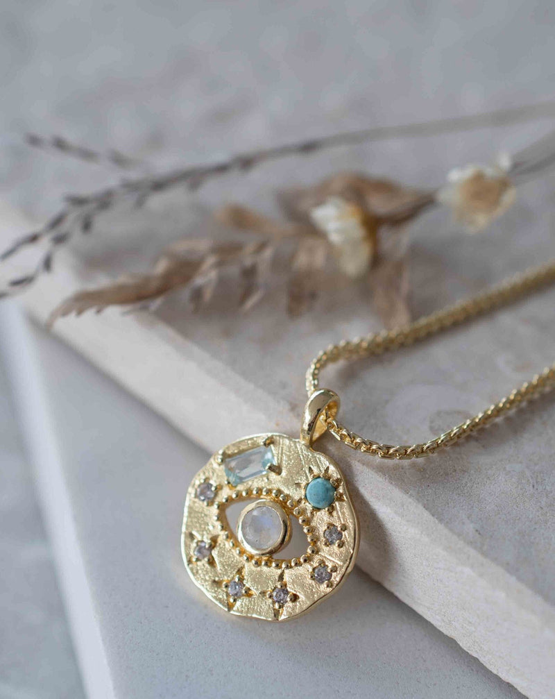 Labradorite or Moonstone with turquoise, CZ and blue topaz Necklace  *Gold Plated 18k *Handmade * Bohemian * Layered *Modern * BJN163