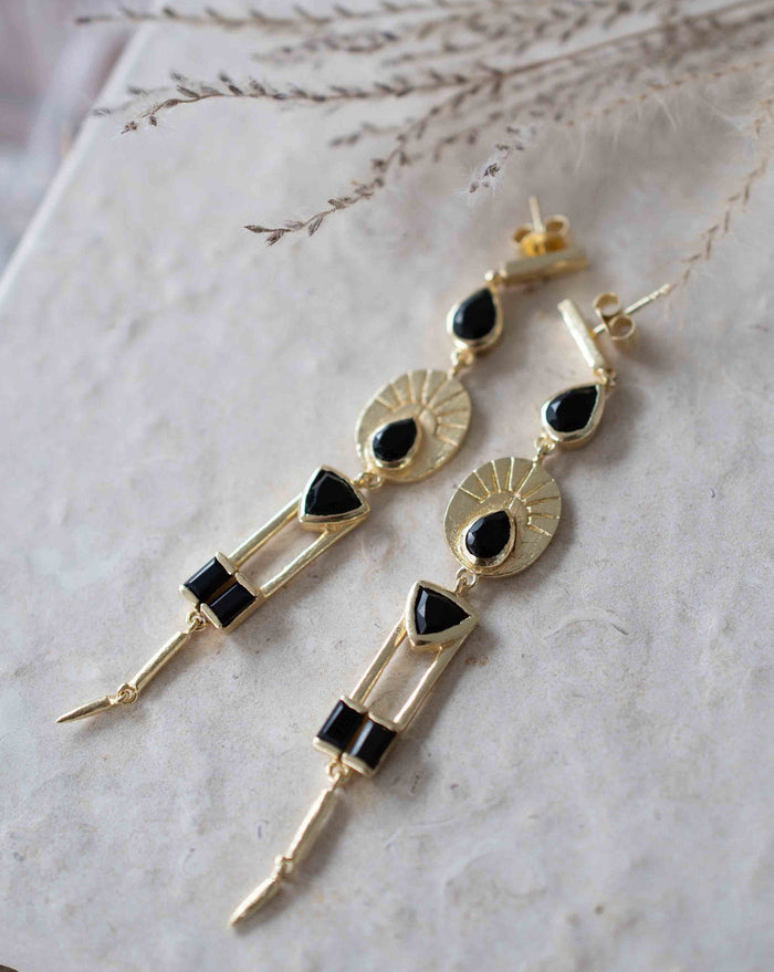 Black Onyx Earrings Stud Gold Plated 18k *Post * Gemstone * Statement * handmade * Every day * Long * bohemian * ByCila  * BJE191