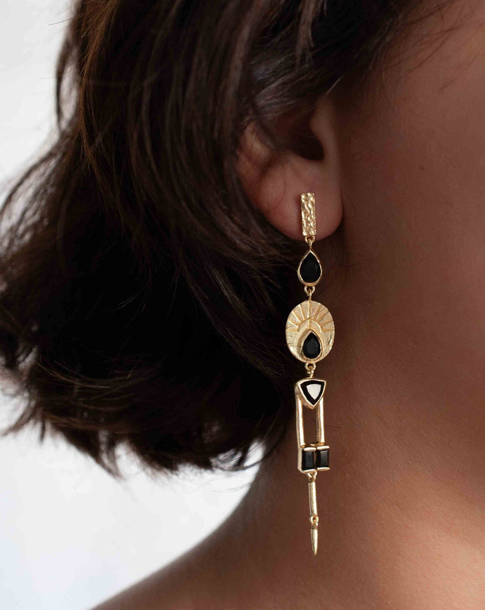 Black Onyx Earrings Stud Gold Plated 18k *Post * Gemstone * Statement * handmade * Every day * Long * bohemian * ByCila  * BJE191