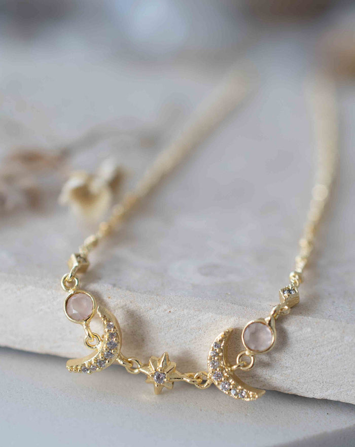 Half Moon Labradorite, Rose Quartz or Moonstone CZ Necklace * Gold Plated * Handmade * Minimalist * Layered * Gemstone * Birthstone * BJN157