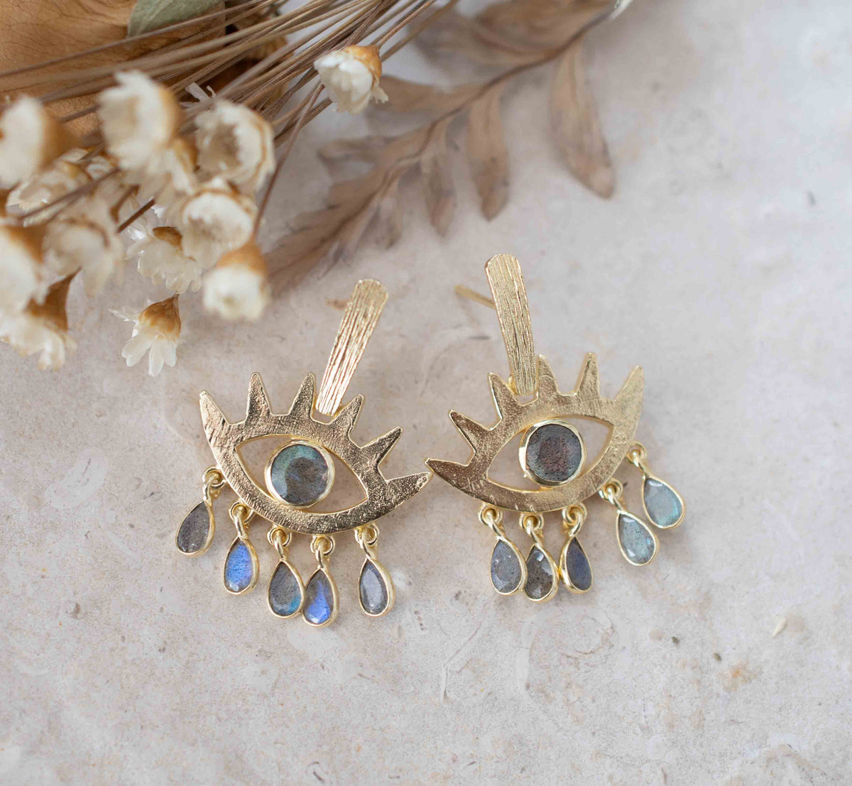 Labradorite Earrings Stud Gold Plated 18k *Post * Gemstone * Statement * handmade * Every day * Lightweight * bohemian * ByCila  * BJE201