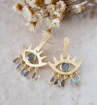 Labradorite Earrings Stud Gold Plated 18k *Post * Gemstone * Statement * handmade * Every day * Lightweight * bohemian * ByCila  * BJE201