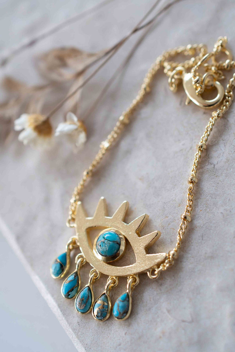 Evil Eye Labradorite, Moonstone or Copper Turquoise Necklace  *Gold Plated 18k *Handmade * Bohemian * Layered *Modern *Perfect Gift * BJN139