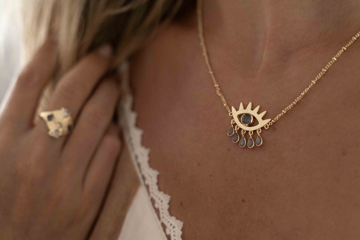 Evil Eye Labradorite, Moonstone or Copper Turquoise Necklace  *Gold Plated 18k *Handmade * Bohemian * Layered *Modern *Perfect Gift * BJN140