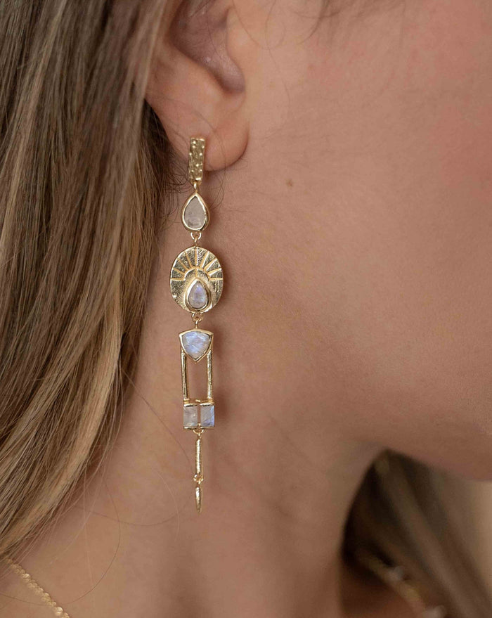 Moonstone Stud  Earrings Gold Plated 18k* Gemstone * Statement  * handmade * Every day * Long * bohemian * BJE190