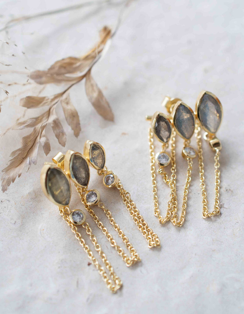 Labradorite & Zirconia Earrings Stud Gold Plated 18k *Post * Gemstone * Statement * handmade * Every day* bohemian * ByCila * BJE231