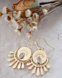 Moonstone Logo Round Gold Plated Earrings * Gemstone * Earrings  * Handmade * Boho * Modern  * Loop* Dangle * ByCila * BJE214