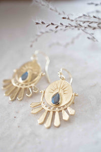 Labradorite Logo Gold Round Earrings * Gold Plated 18K* Gemstone * Earrings * Handmade * Boho * Dangle * Modern *  BJE213