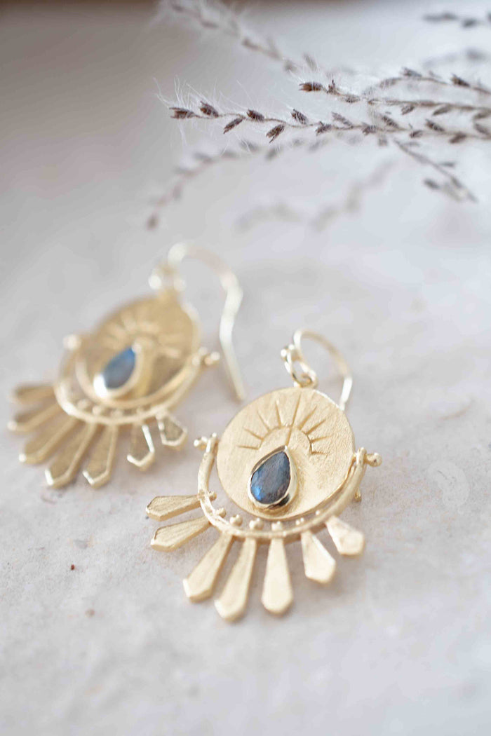 Labradorite Logo Gold Round Earrings * Gold Plated 18K* Gemstone * Earrings * Handmade * Boho * Dangle * Modern *  BJE213