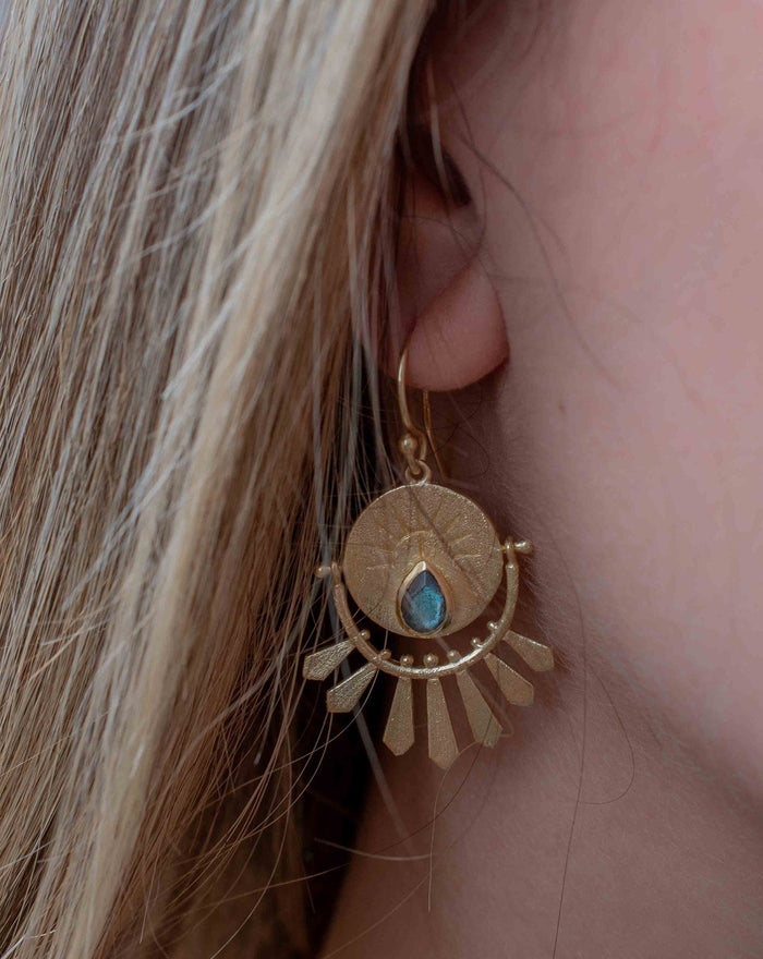 Labradorite Logo Gold Round Earrings * Gold Plated 18K* Gemstone * Earrings * Handmade * Boho * Dangle * Modern *  BJE213