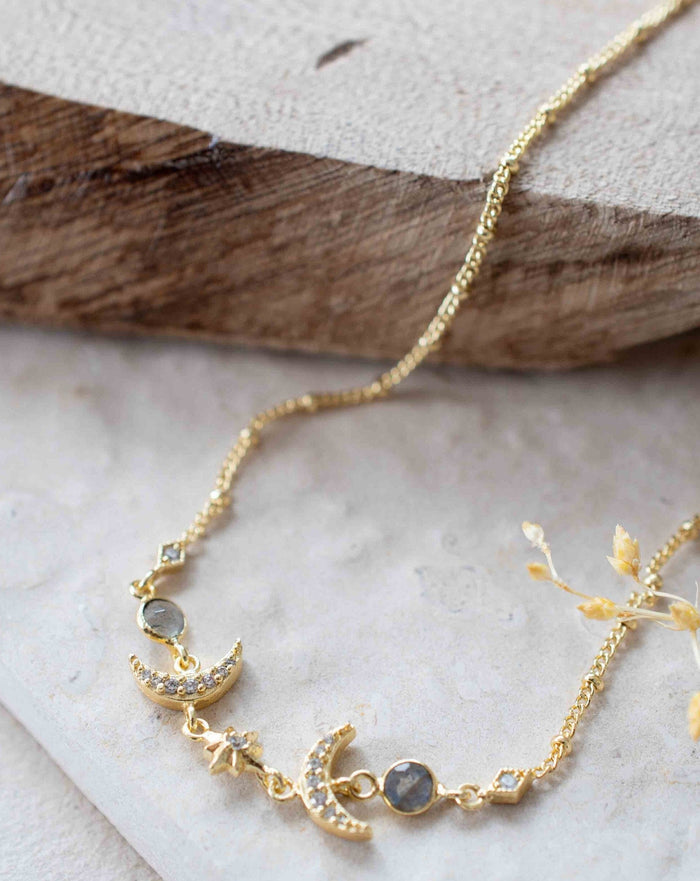 Half Moon Labradorite, Rose Quartz or Moonstone CZ Necklace * Gold Plated * Handmade * Minimalist * Layered * Gemstone * Birthstone * BJN157