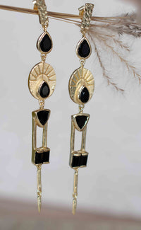 Black Onyx Earrings Stud Gold Plated 18k *Post * Gemstone * Statement * handmade * Every day * Long * bohemian * ByCila  * BJE191