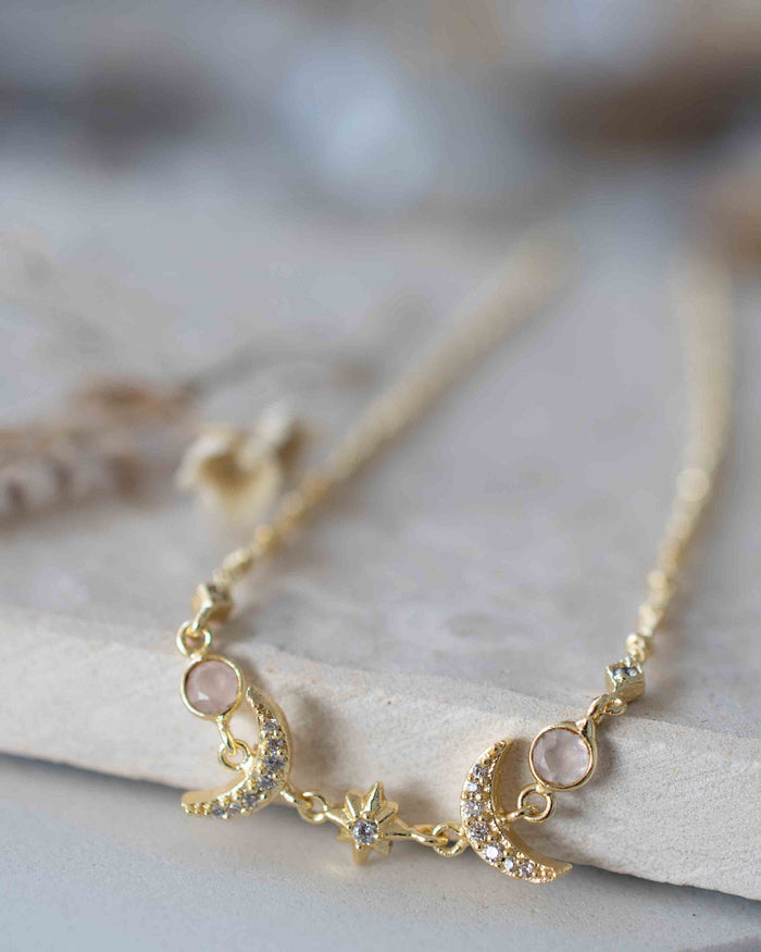 Half Moon Labradorite, Rose Quartz or Moonstone CZ Necklace * Gold Plated * Handmade * Minimalist * Layered * Gemstone * Birthstone * BJN157