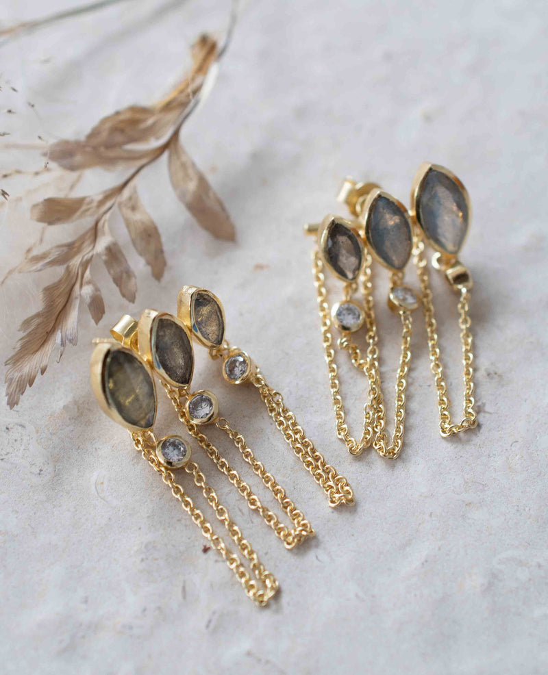 Labradorite & Zirconia Earrings Stud Gold Plated 18k *Post * Gemstone * Statement * handmade * Every day* bohemian * ByCila * BJE231