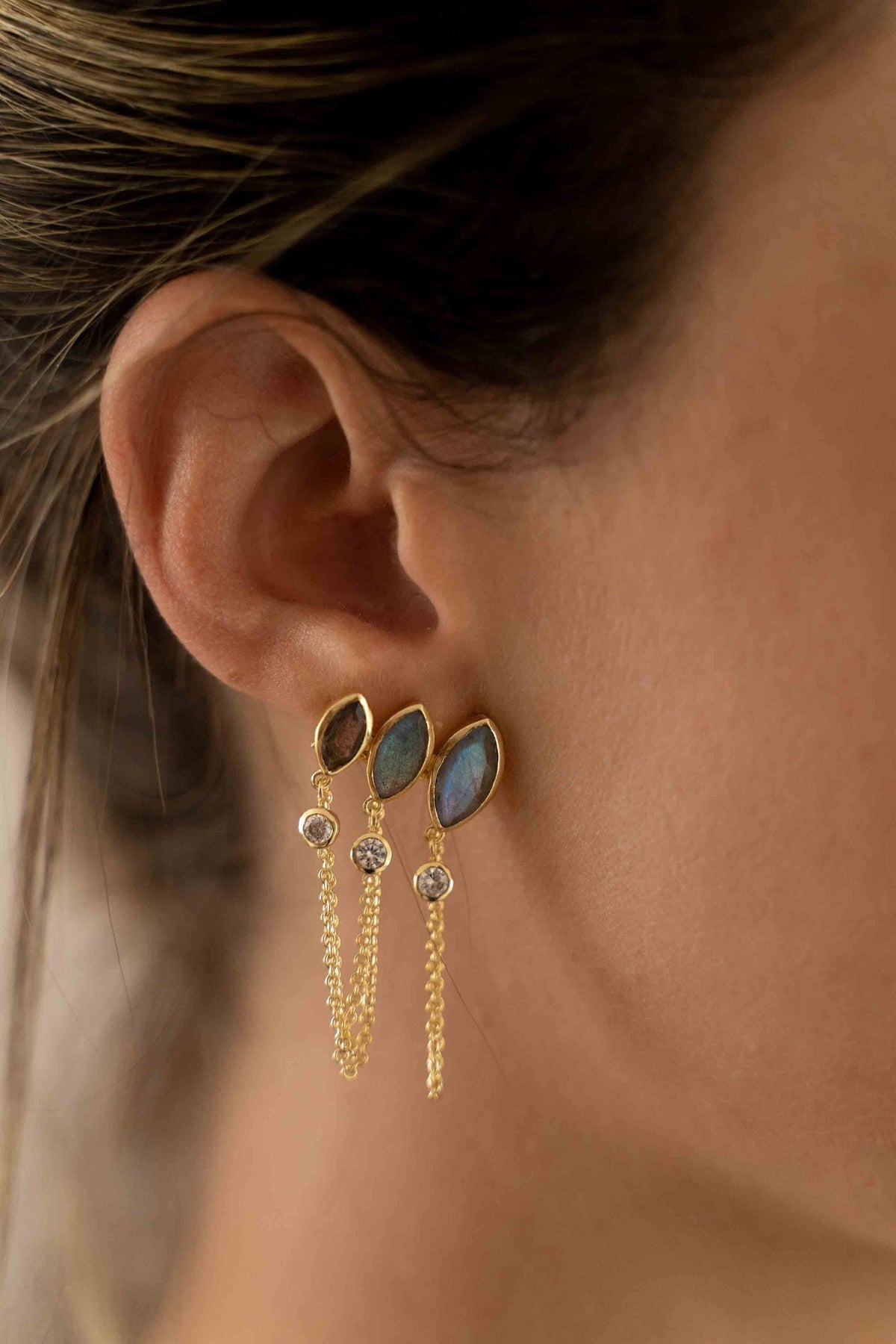 Labradorite & Zirconia Earrings Stud Gold Plated 18k *Post * Gemstone * Statement * handmade * Every day* bohemian * ByCila * BJE231