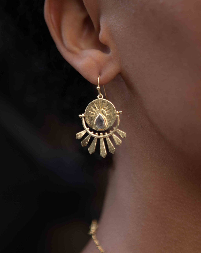 Rose Quartz Logo Round Earrings Dangle Gold Plated 18k * Gemstone * Statement * Every day * handmade* Lightweight * bohemian *ByCila* BJE215