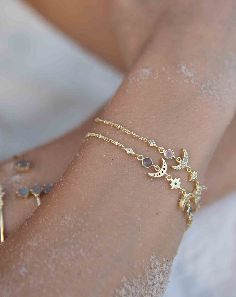 Half Moon Bracelet * Labradorite, Moonstone and Rose Quartz / Cubic Zirconia * Boho Bracelet * Half Moon * Gemstone * Modern * Layered * BJB