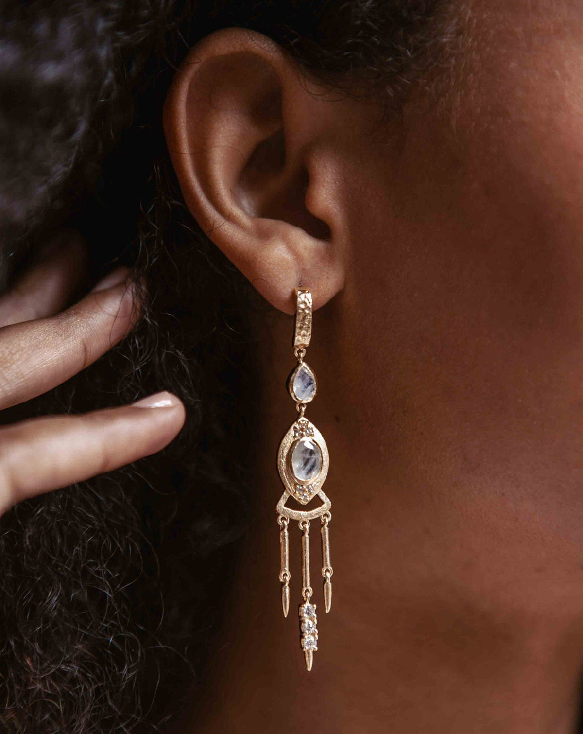 Moonstone & Cubic Zirconia Stud  Earrings Gold Plated 18k* Gemstone * Statement  * handmade * Every day * Long * bohemian * BJE220