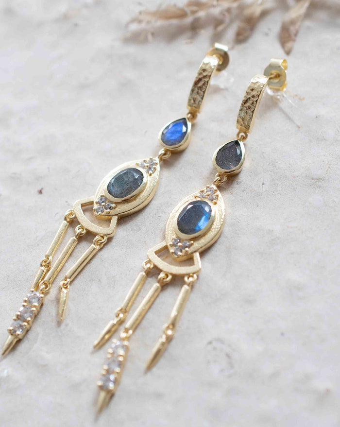 Labradorite & Cubic Zirconia Earrings Stud Gold Plated 18k * Post * Gemstone * Statement * handmade * Long* bohemian * ByCila * BJE219