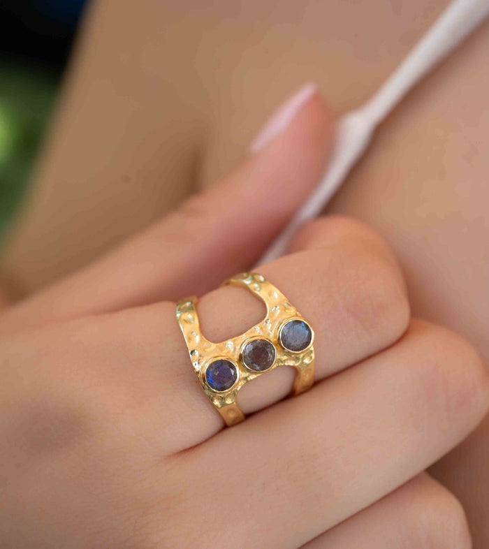 Labradorite Adjustable Ring * Gold Plated Ring * Statement Ring *Gemstone Ring * Labradorite * Hammered Ring  * BJR278