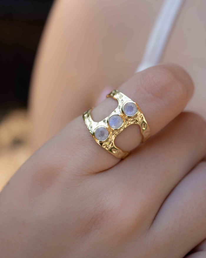 Moonstone Gold Plated Ring *  Hammered * Adjustable * Statement Ring * Gemstone Ring * Rainbow Moonstone * Gold Ring  * BJR277