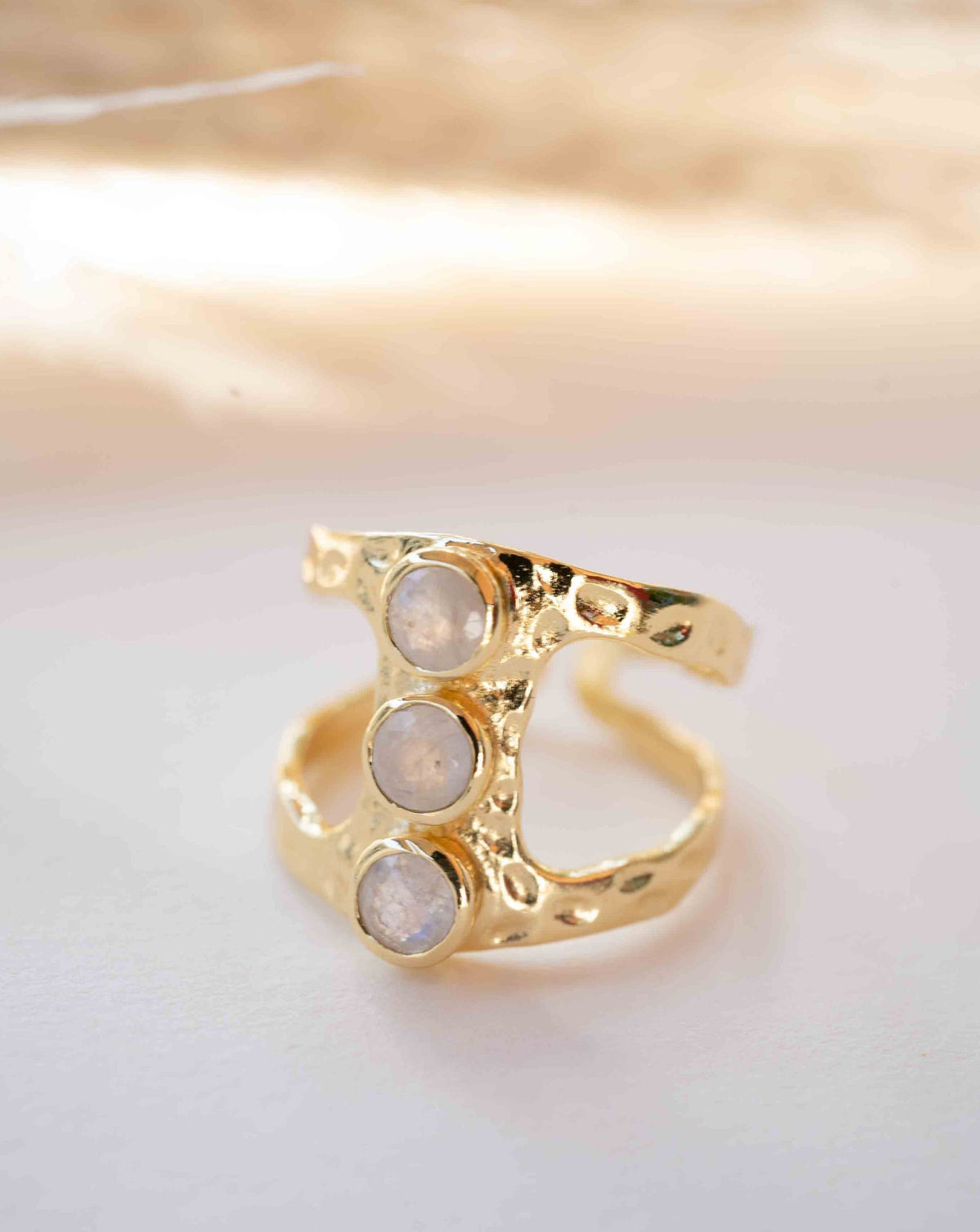 Moonstone Gold Plated Ring *  Hammered * Adjustable * Statement Ring * Gemstone Ring * Rainbow Moonstone * Gold Ring  * BJR277
