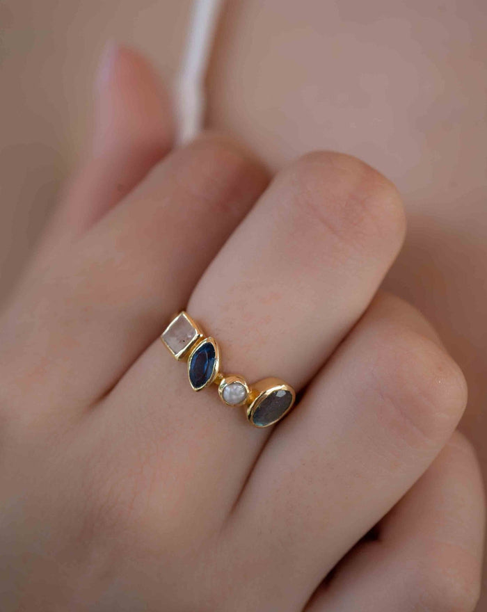 Labradorite, Pearl, Iolite hydro and Moonstone Gold Plated Ring *  Statement Ring * Gemstone Ring * Gold Ring  *  BJR286