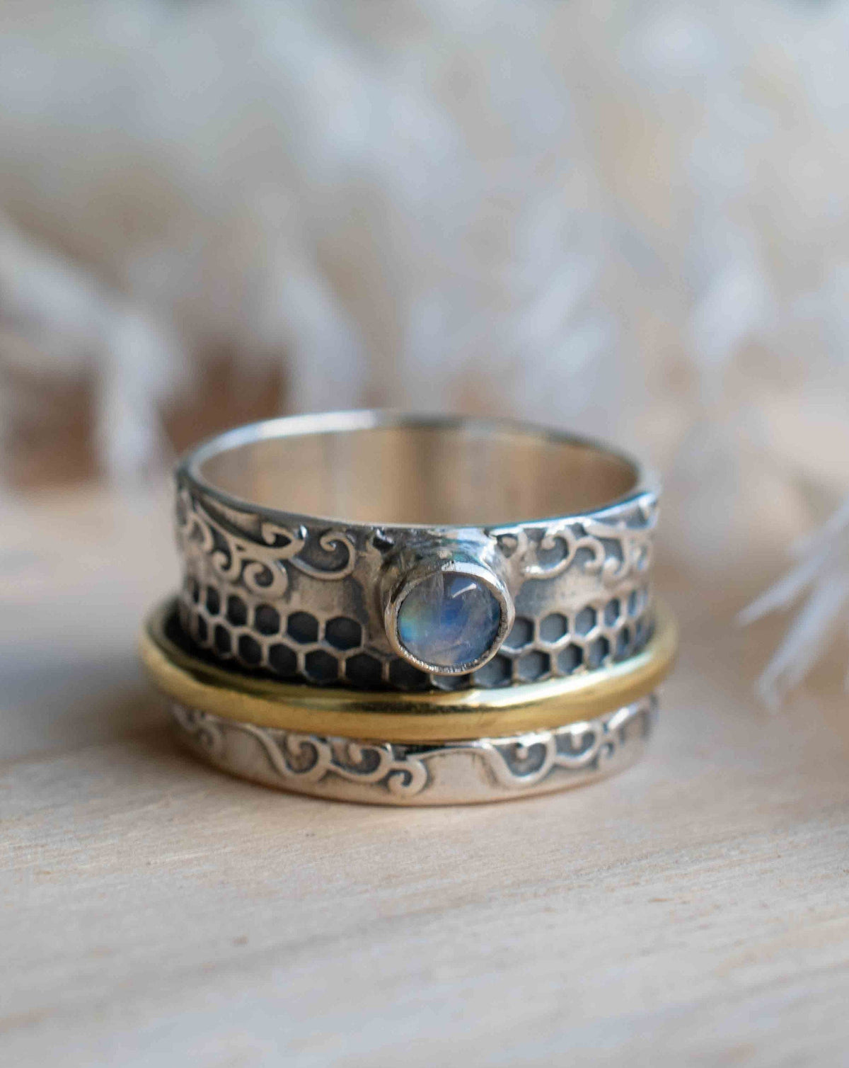 Moonstone Ring * Meditation * Spinner * Spinning * Anxiety * Hammered * Worry * Boho * Spin * Thick Band * Sterling Silver * Bronze BJS038