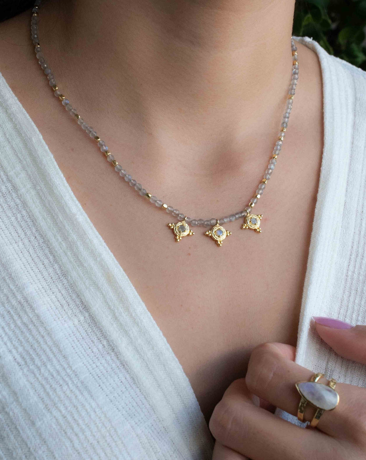 Labradorite, Moonstone and Aqua Chalcedony Bead Necklace *Gold Plated *Handmade *Layered *Gemstone * Elegant * Chic * BJN174