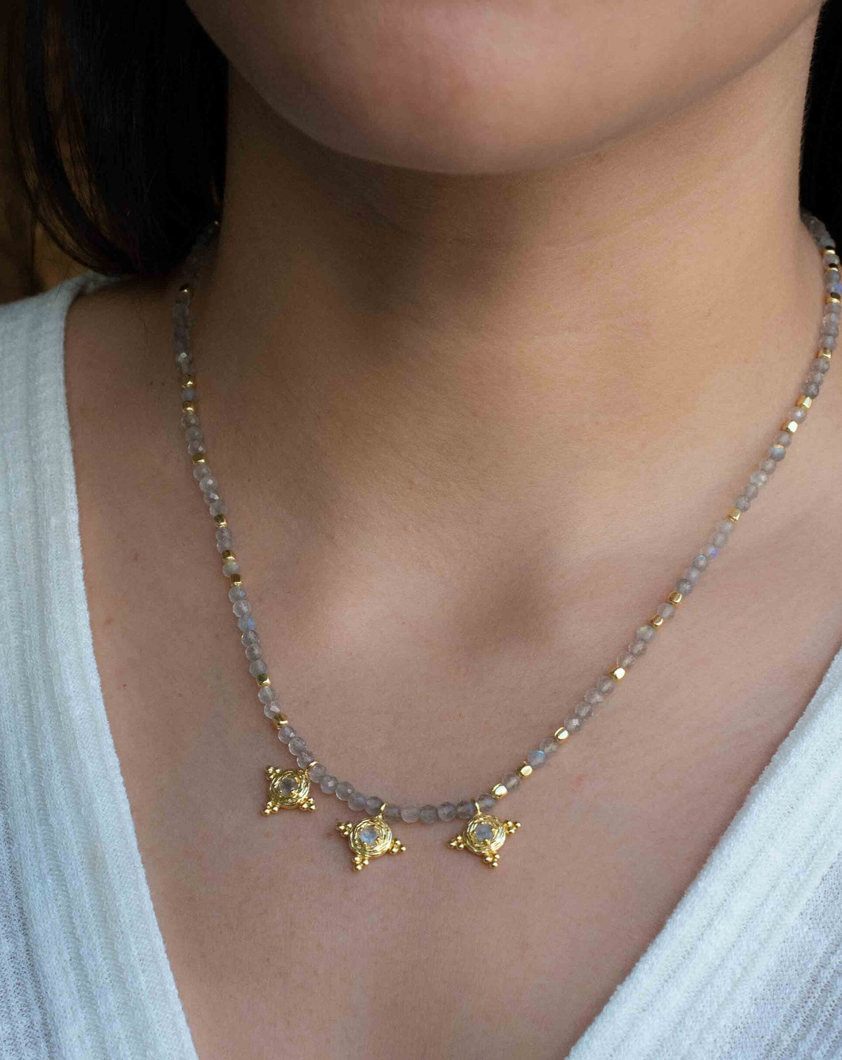 Labradorite, Moonstone and Aqua Chalcedony Bead Necklace *Gold Plated *Handmade *Layered *Gemstone * Elegant * Chic * BJN173