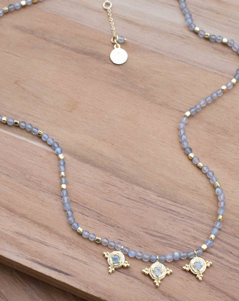 Labradorite, Moonstone and Aqua Chalcedony Bead Necklace *Gold Plated *Handmade *Layered *Gemstone * Elegant * Chic * BJN172