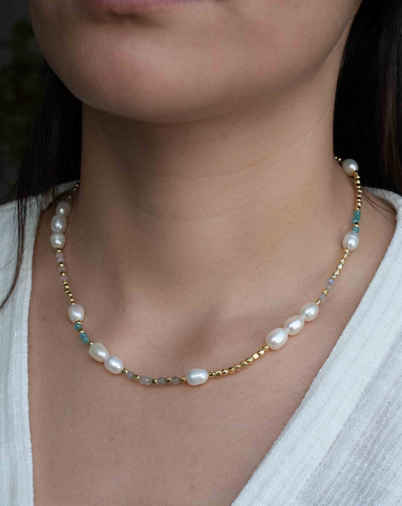 Labradorite, Aqua Chalcedony and Rose Quartz Beads and Pearl Necklace * 18k Gold Plated Beads *Handmade *Layered *Gemstone * Elegant *BJN176