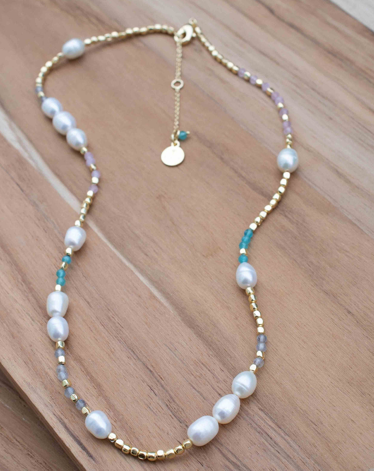 Labradorite, Aqua Chalcedony and Rose Quartz Beads and Pearl Necklace * 18k Gold Plated Beads *Handmade *Layered *Gemstone * Elegant *BJN176