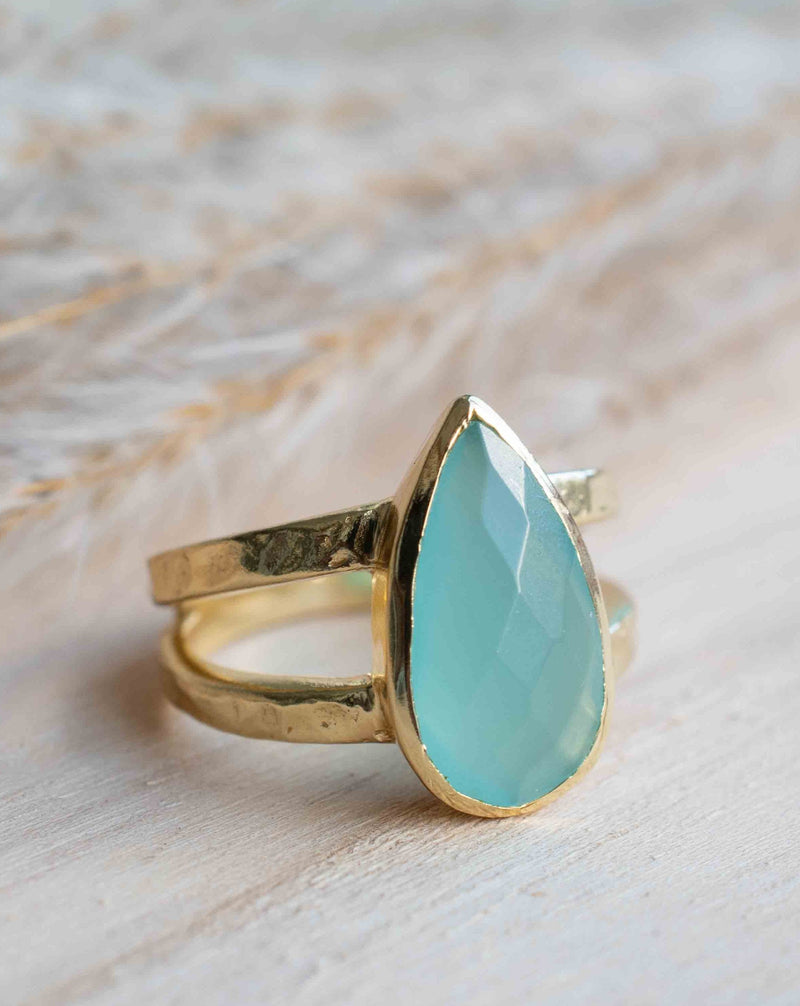 Gold Plated 18k Aqua Chalcedony * Gemstone Ring * Handmade * Statement * Natural * Organic*Gift for her*Jewelry*Bycila*May Birthstone*BJR308