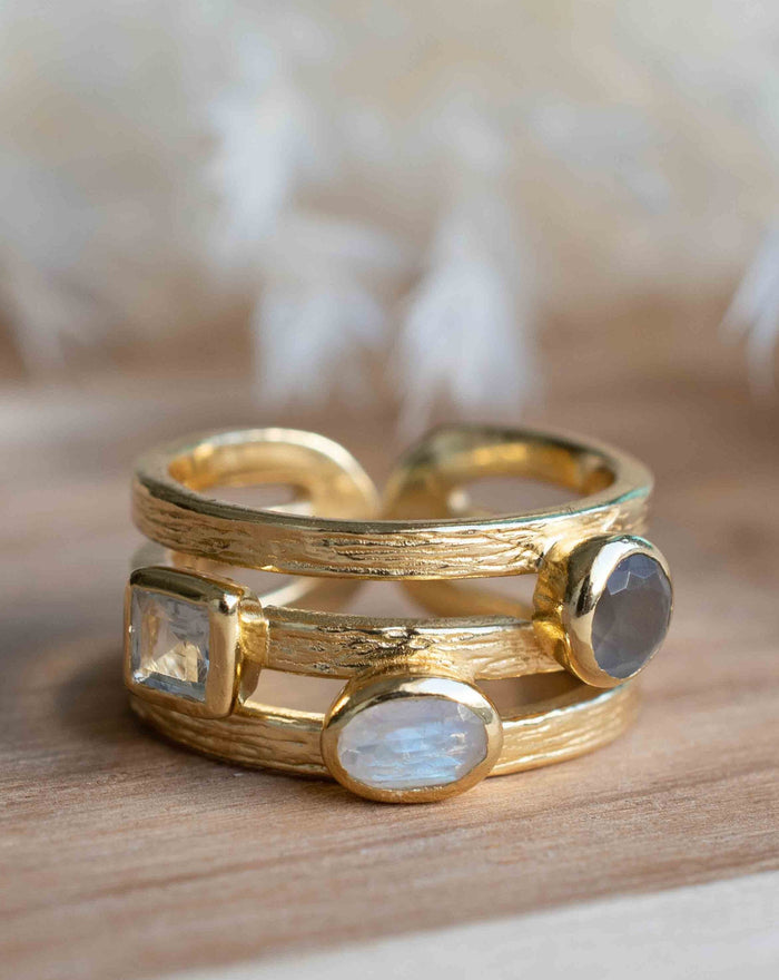 Moonstone, Labradorite & Blue Topaz hydro Ring * 18k Gold Plated Ring * Statement Ring * handmade *Adjustable * Boho BJR311
