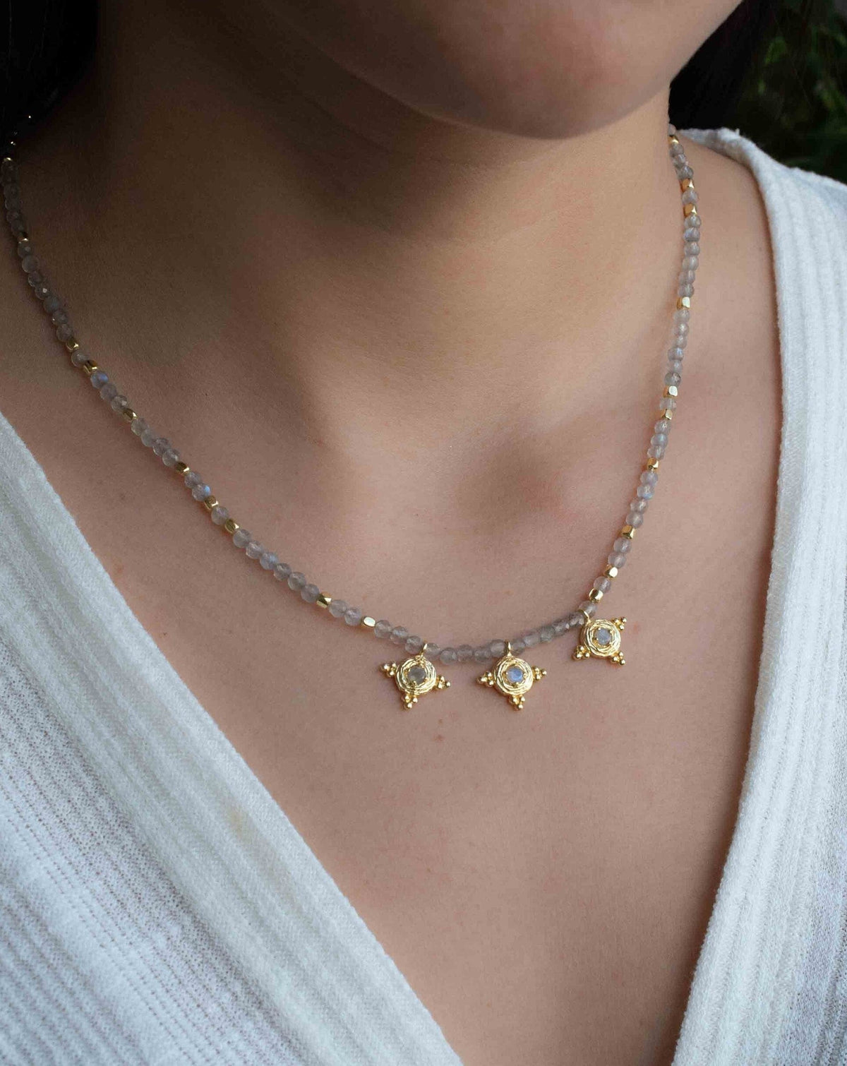Labradorite, Moonstone and Aqua Chalcedony Bead Necklace *Gold Plated *Handmade *Layered *Gemstone * Elegant * Chic * BJN173
