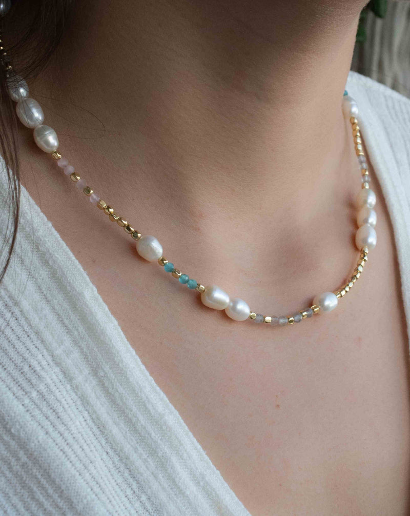 Labradorite, Aqua Chalcedony and Rose Quartz Beads and Pearl Necklace * 18k Gold Plated Beads *Handmade *Layered *Gemstone * Elegant *BJN176