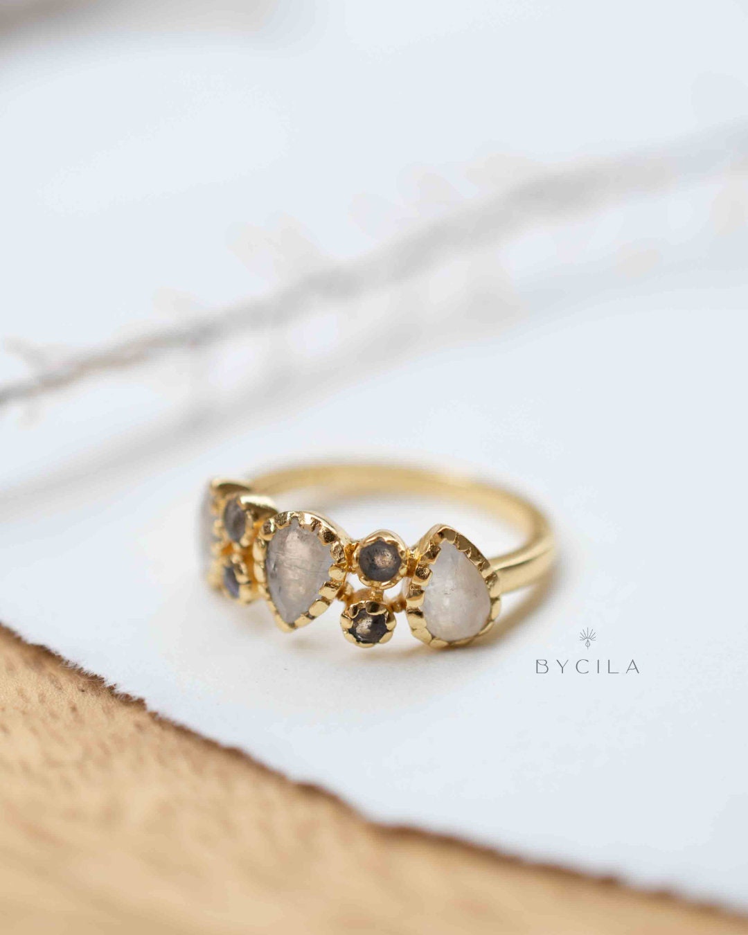 Labradorite & Moonstone Gold Plated Ring * Statement Ring * Gemstone Ring * Pink * Bridal Ring * Wedding Ring * Organic Ring * BJR320