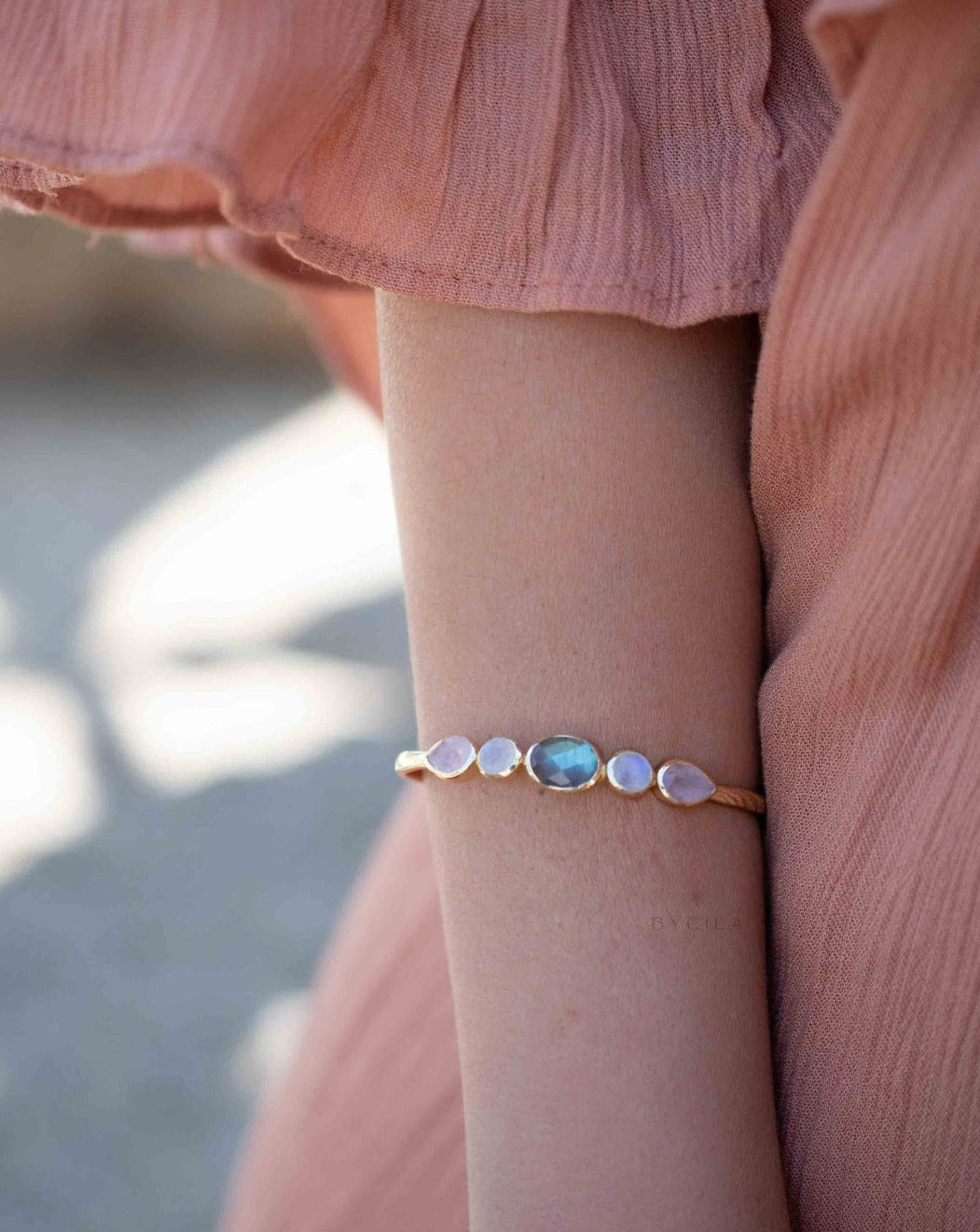 Moonstone,Labradorite & Rose Quartz Bangle Bracelet * Gold Plated * Gemstone * Adjustable * BJB041