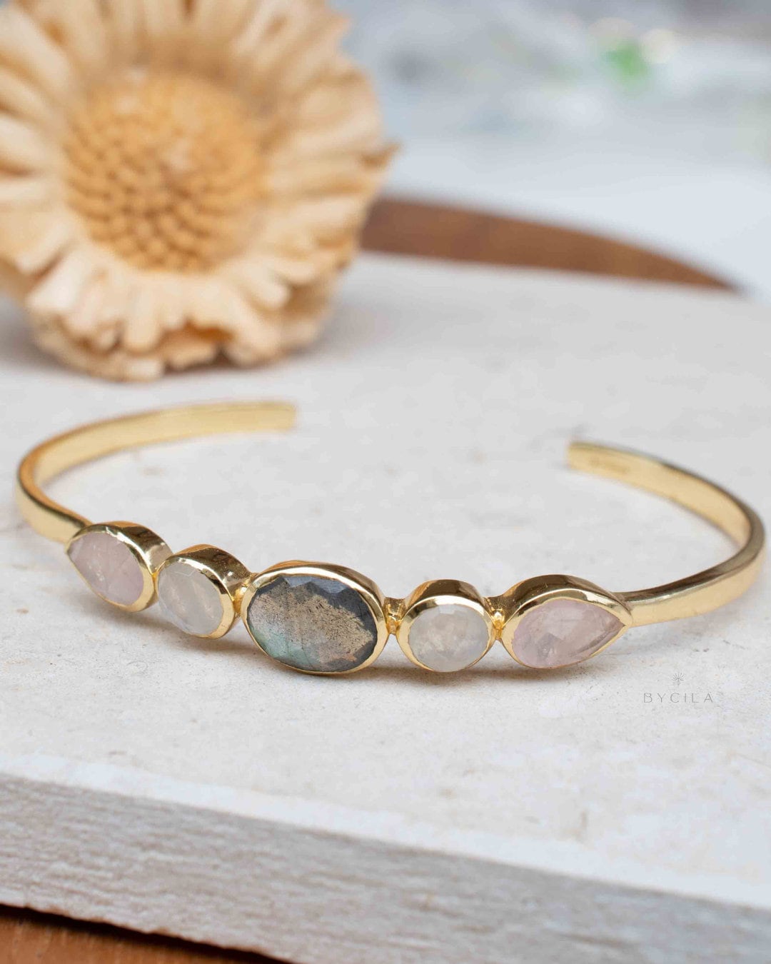 Moonstone,Labradorite & Rose Quartz Bangle Bracelet * Gold Plated * Gemstone * Adjustable * BJB041