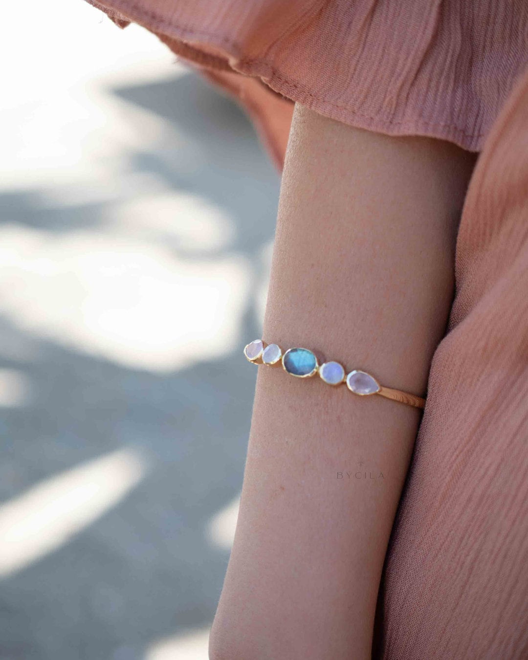 Moonstone,Labradorite & Rose Quartz Bangle Bracelet * Gold Plated * Gemstone * Adjustable * BJB041