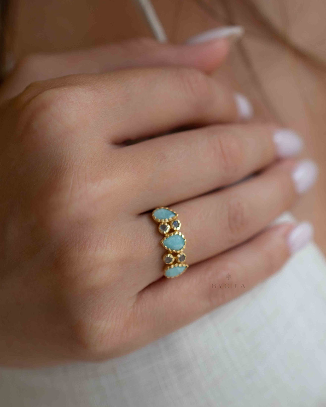 Amazonite & Labradorite Gold Plated Ring * Statement Ring * Gemstone Ring * Green * Bridal Ring * Wedding Ring * Organic Ring * BJR321