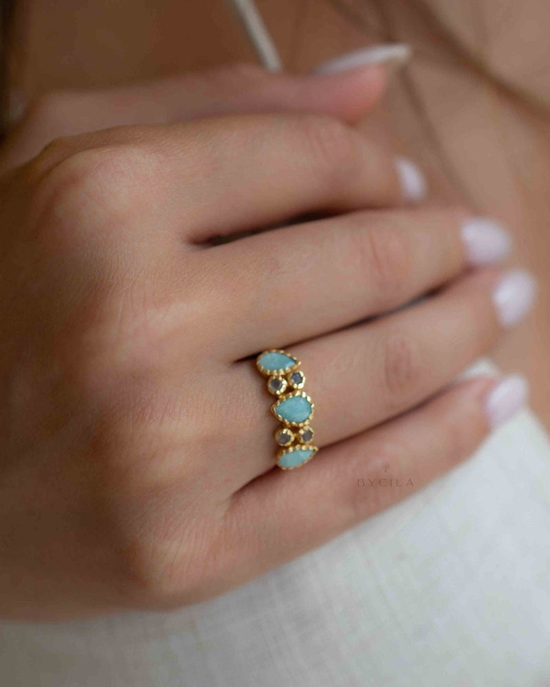 Amazonite & Labradorite Gold Plated Ring * Statement Ring * Gemstone Ring * Green * Bridal Ring * Wedding Ring * Organic Ring * BJR321