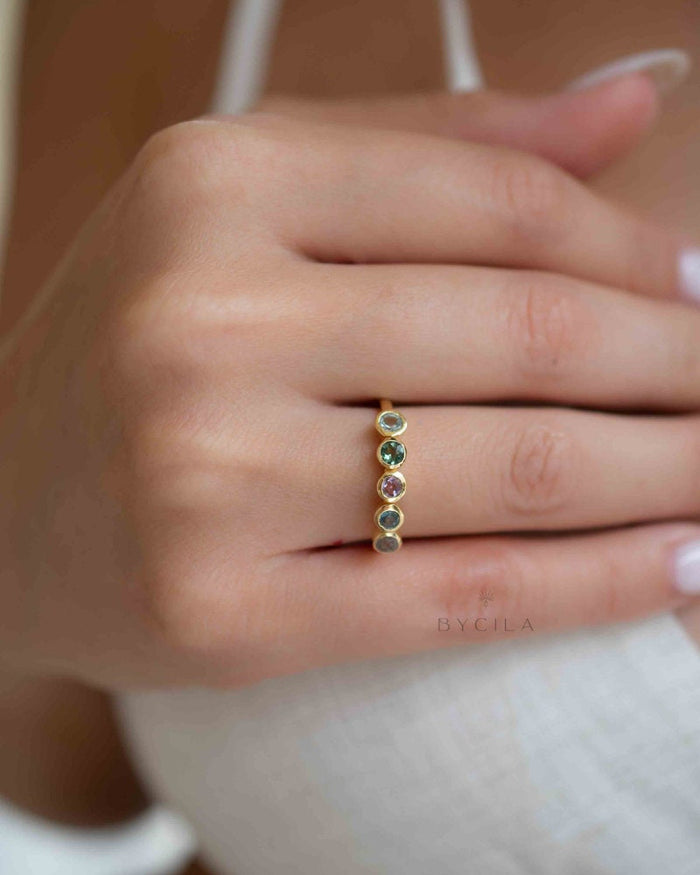 Gemstones Gold Ring * Labradorite, Iolite hydro, Amethyst, Green Tourmaline hydro, Blue Topaz *Statement Birthstone*Gold Plated Ring*BJR166