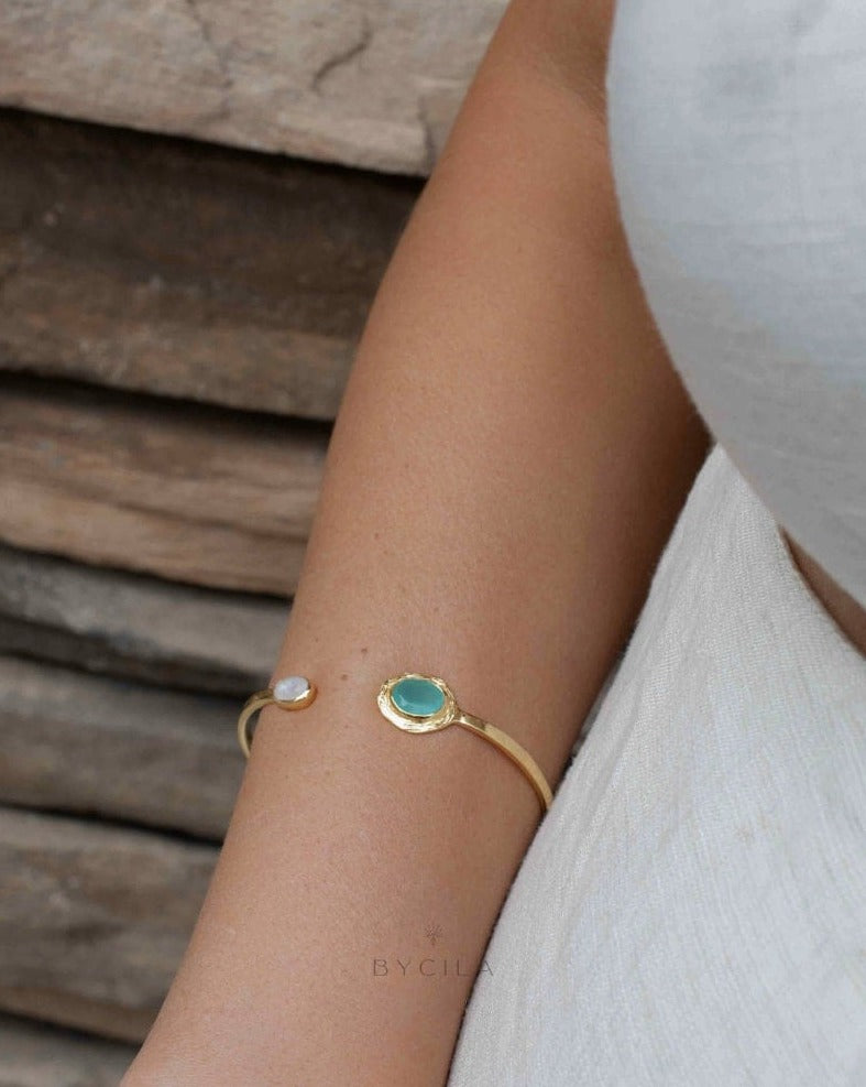 Aqua Chalcedony & Moonstone Bangle Bracelet * Gold Plated * Gemstone * Adjustable * BJB051 *