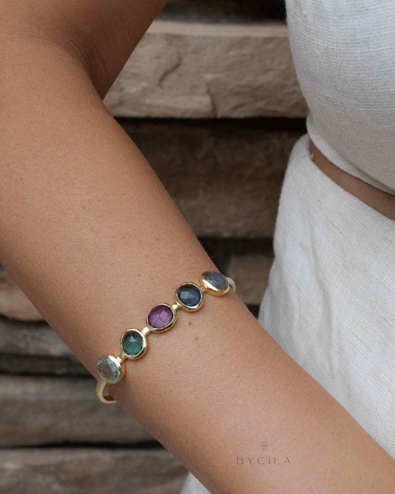 Labradorite, Iolite hydro, Amethyst, Green Tourmaline hydro & Blue Topaz Bangle Bracelet * Gold Plated * Gemstone * Adjustable * BJB057