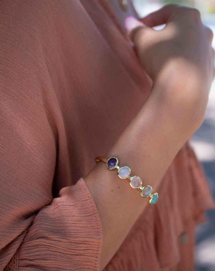 Amethyst, Moonstone, Rose Quartz, Labradorite & Aqua chalcedony Bangle Bracelet * Gold Plated * Gemstone * Adjustable * BJB058