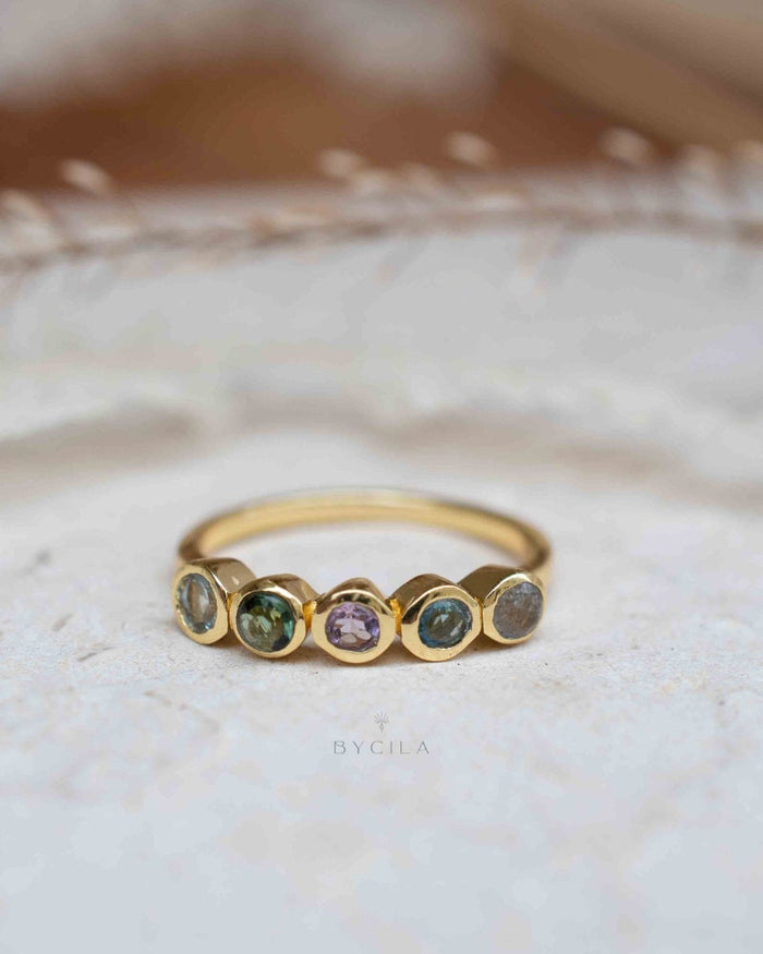 Gemstones Gold Ring * Labradorite, Iolite hydro, Amethyst, Green Tourmaline hydro, Blue Topaz *Statement Birthstone*Gold Plated Ring*BJR166