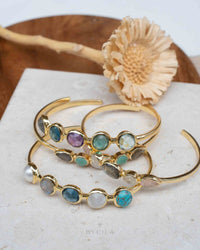 Pearl, Labradorite, Iolite hydro, Moonstone & Copper Turquoise Bangle Bracelet * Gold Plated * Gemstone * Adjustable * BJB056