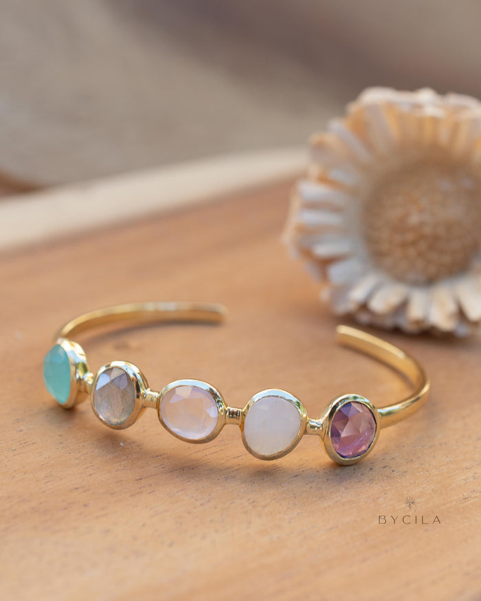 Amethyst, Moonstone, Rose Quartz, Labradorite & Aqua chalcedony Bangle Bracelet * Gold Plated * Gemstone * Adjustable * BJB058